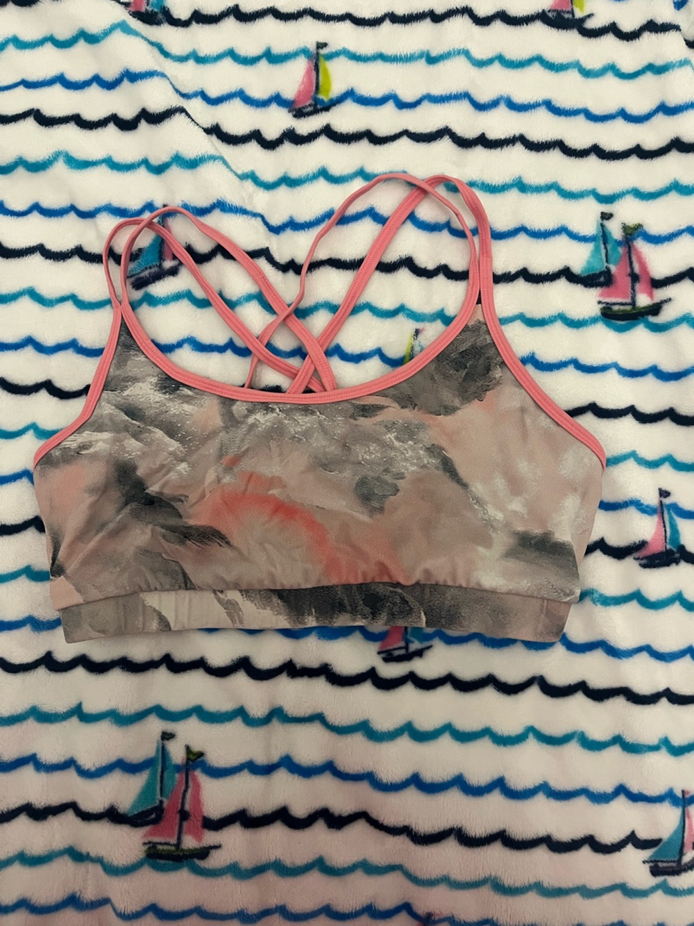 Pink Trim Marble-Print Sports Bra